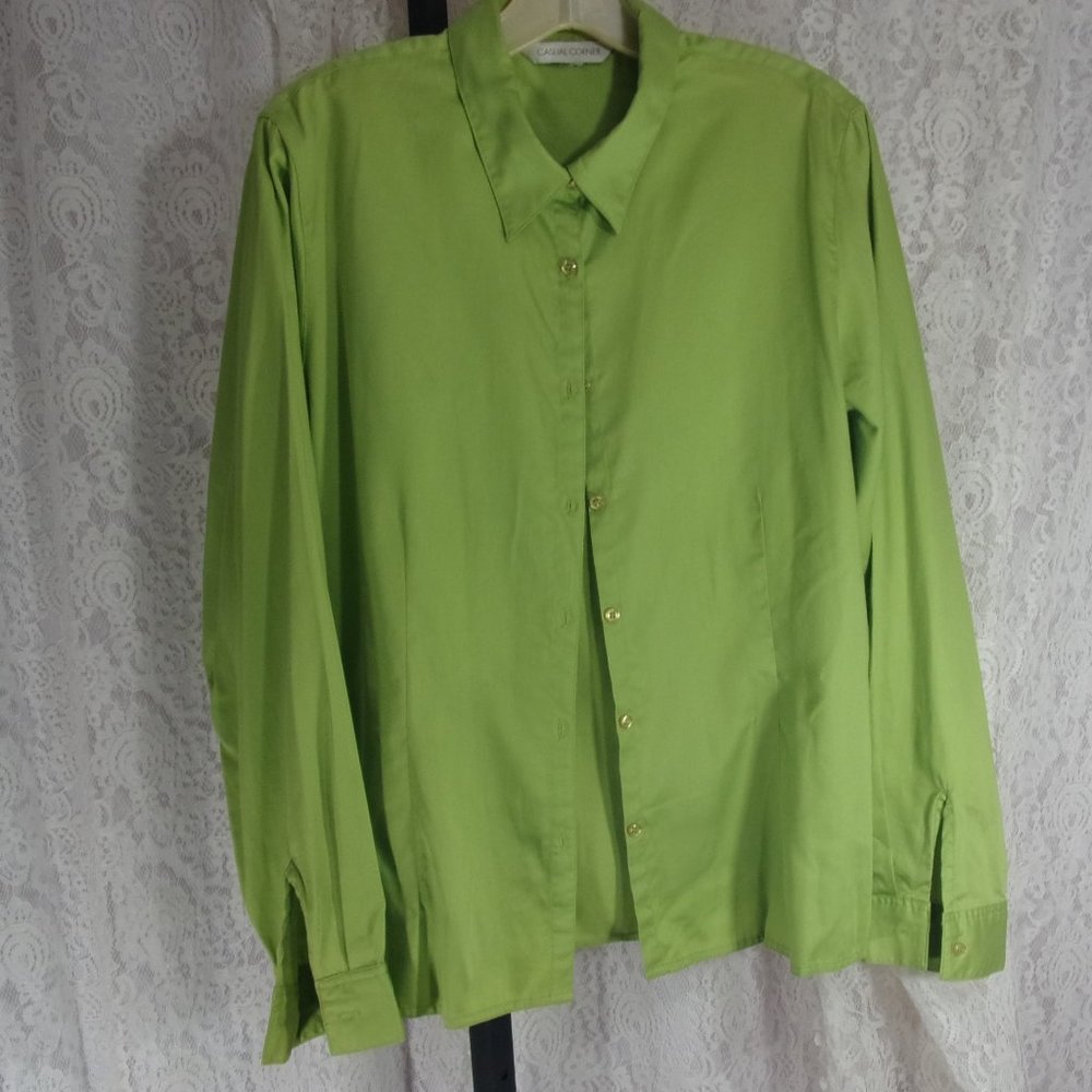 Vintage Classic Shirt Blouse Casual Corner Green Cotton